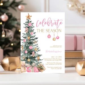 Editable Christmas Party Invitation Pink and Gold Christmas Invitation Template Christmas Tree Party Invitation Holiday Party Invitation T4
