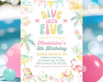 Dive Into Five 5th Birthday Party Invitation Summer Birthday Invite Splish Splash Girl Pool Birthday Party Tropical Birthday Beach Canva PP2
