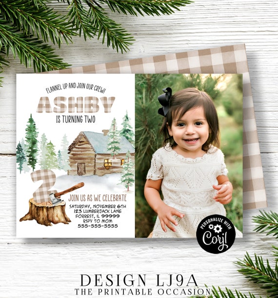 ANY AGE Editable Lumberjack Birthday Invitation, Lumberjack Woodland Photo Invitation, Tan Plaid Buffalo Plaid, Instant Download, Corjl LJ Il_570xn