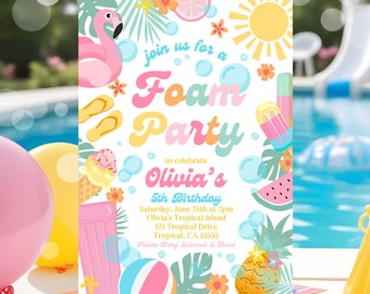 Puede incluir: Una colorida invitación para una fiesta de espuma, con un flamenco, helado y un sol. La invitación es para el 5º cumpleaños de Olivia, con fecha, hora y lugar. El diseño incluye elementos tropicales como una piña y una sandía.