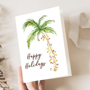 Tarjeta de felicitación navideña con palmeras Tarjeta de felicitación navideña tropical para imprimir Tarjeta de felicitación navideña con palmeras Tarjeta navideña con palmeras tropicales TC1