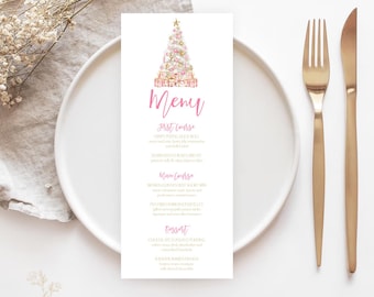 Editable Christmas Party Menu Card Pink and Gold Christmas Menu Template, Holiday Party Menu Card White Christmas Tree Party Dinner Menu T3B