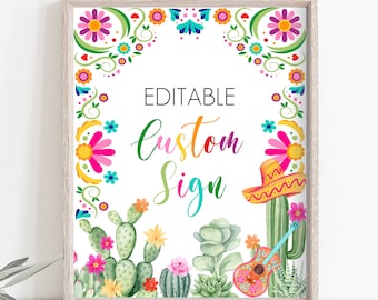 Editable Custom Sign Fiesta Party Sign Fiesta Cactus Décor Mexico Table Sign Shower Décor Mexican Floral Flower Corjl Template Printable FE1