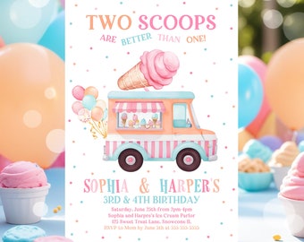 Editable Ice Cream Truck Twin Birthday Invitation Twin Ice Cream Birthday Invitation Two Scoops Are Better Than One Twin Instant Downloa C3B