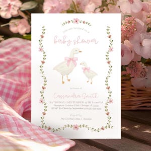 Vintage Goose Baby Shower Invitation Editable Canva Template Pink Gingham Goose Watercolor Mama and Baby Goose Pink Flowers Green Vines  G5