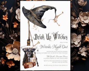 Editable Halloween Invitation Template, Drink Up Witches Halloween Invite, Printable Witch's Night Out Invitation, Adult Halloween Party W3