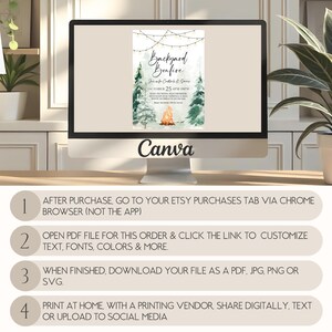 May include: A computer monitor displays a digital invitation for a "Backyard Bonfire" event. The invitation features watercolor illustrations of trees and a bonfire. The Canva logo is visible. Instructions for use are listed below the monitor.