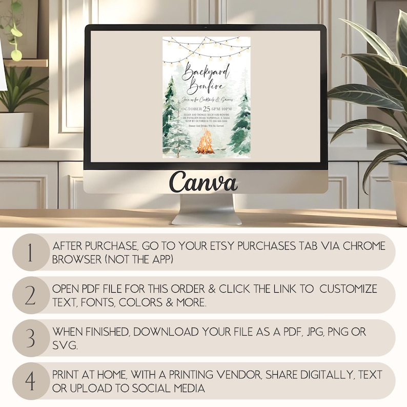 May include: A computer monitor displays a digital invitation for a "Backyard Bonfire" event. The invitation features watercolor illustrations of trees and a bonfire. The Canva logo is visible. Instructions for use are listed below the monitor.