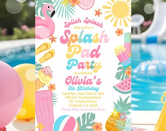 Splash Pad Birthday Party Invitation Template Pastel Tropical Splish Splash Pool Party Invite Summer Splash Pad Party Instant Download P4