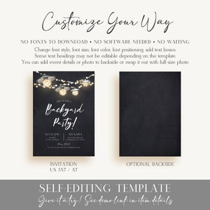 May include: Editable invitation template for a backyard party with a chalkboard background and string lights. The template is 5x7 inches and includes space for event details, date, time, and location. The text "Join us for a Backyard Party!" is written in a handwritten style.