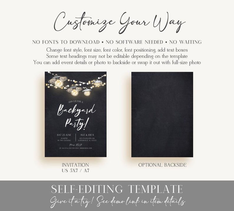 May include: Editable invitation template for a backyard party with a chalkboard background and string lights. The template is 5x7 inches and includes space for event details, date, time, and location. The text "Join us for a Backyard Party!" is written in a handwritten style.