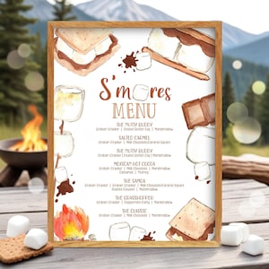 Editable Smore Bar Menu Sign Template Smore Bar Menu Station Sign Smore Party Menu Printable Smore Party Decor Instant Download Canva SM3