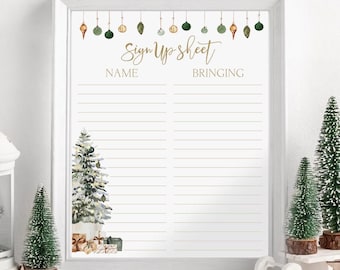 Puede incluir: Una hoja de registro enmarcada en blanco con el texto Sign Up sheet, Name y Bringing. El borde superior muestra adornos colgantes verdes y dorados. Un árbol de Navidad en acuarela y regalos envueltos están abajo a la izquierda.