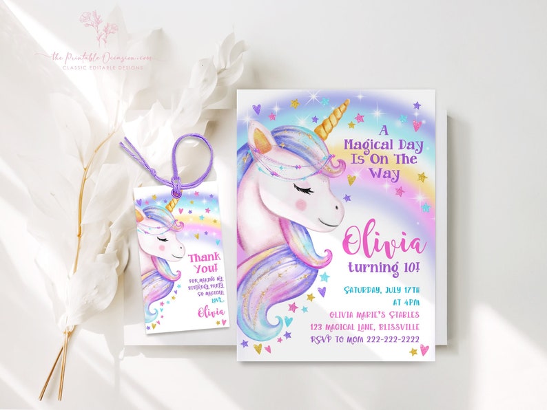 Unicorn Birthday Invitation Rainbow Unicorn Party Gold Glitter Pink Girl Magical Day Invites Digital Editable Printable Download UN1 image 2