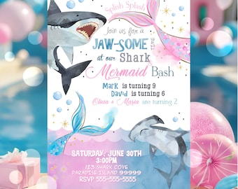 EDITABLE Sharks and Mermaids Invitation, Sharks and Mermaids Birthday, Brother Sister Sibling Invite, Under the Sea Instant Download SH2