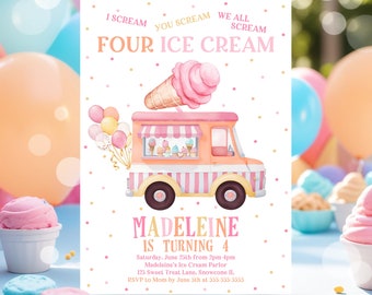 Editable Ice Cream Truck Birthday Invitation I scream You Scream We All Scream Four Ice Cream 4th Birthday Party Invite Instant Download C3A