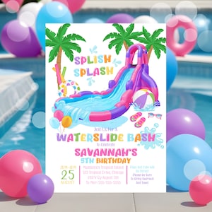 Purple Pink Water Slide Birthday Splash Party Invitation Editable Waterslide Birthday Bash Invitation Printable Waterslide Digital W7C