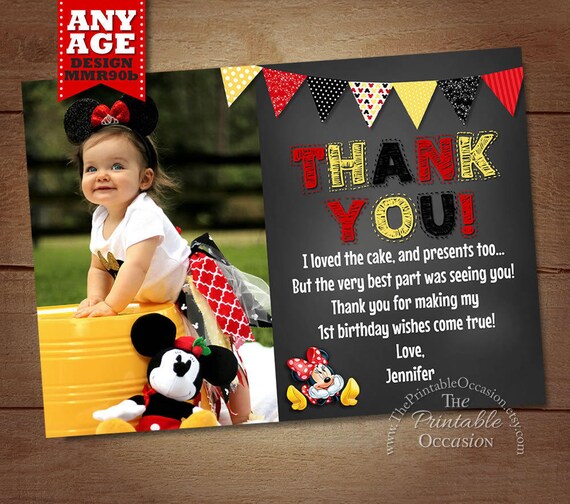 Minnie Mouse Thank You Card, Red Yellow Chalkboard Minnie Thank You Card Note, Minnie Mouse Printable Thank You matches Birthday MMRY Il_570xn