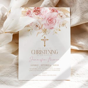 Girls Floral Christening Invitation Printable Pink Boho Floral Baptism Invitation Template Editable Girls Minimalist Christening Invite PG1