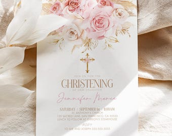 Puede incluir: Un diseño floral de color rosa claro y dorado con una cruz en la parte superior. El texto dice "Join us for the Christening of our daughter Jennifer Marie. Saturday September 1st 11:00AM St. Anthony's Church 123 Sacred Lane, San Francisco, CA 55555 Lunch to follow at Gibson's Steakhouse RSVP to Sue and Joseph 555-555-5555"