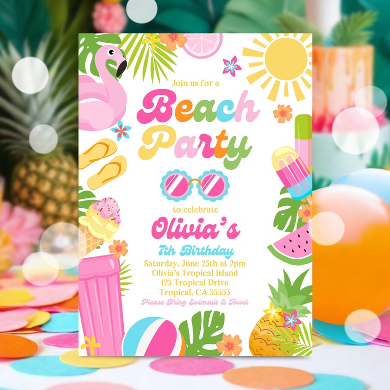 EDITABLE Beach Birthday Party Invitation Tropical Splish Splash Girly Beach Party Invite Summer Party At The Beach Instant Download P5 image 1