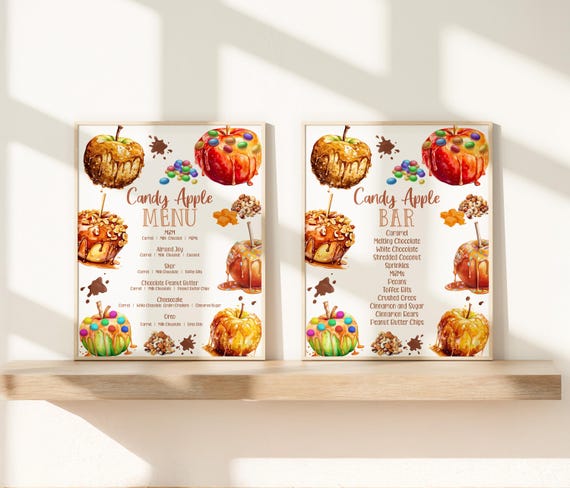 Editable Caramel Apple Bar Menu Sign Candy Apple Bar Sign Caramel Apple Menu Sign Candy Apple Station Birthday Party Baby Shower Bonfire CA1