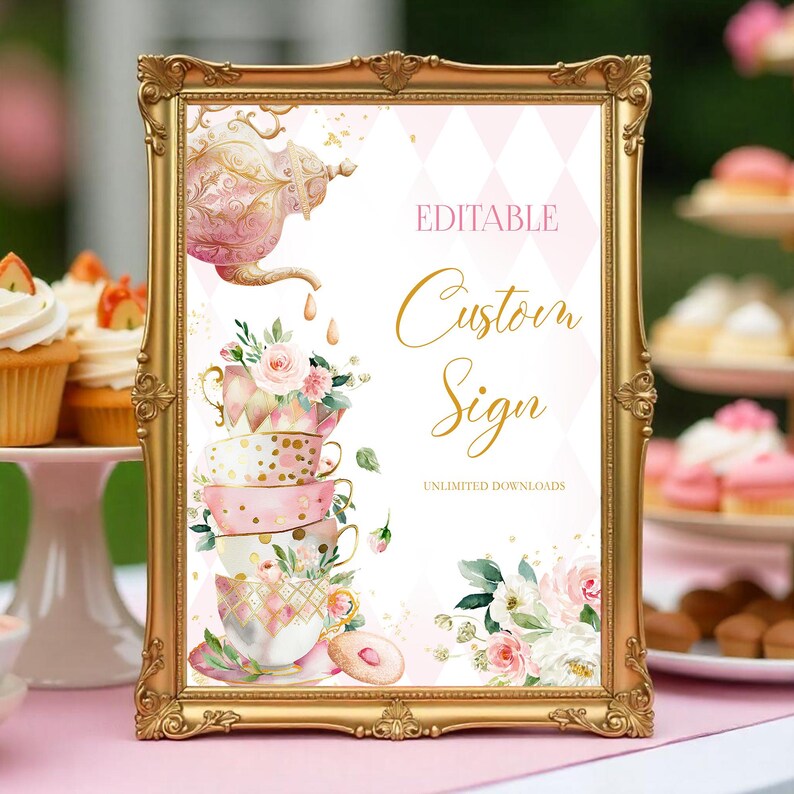 EDITABLE Tea Party Custom Sign Birthday Party Pink and Gold Tea Party ...