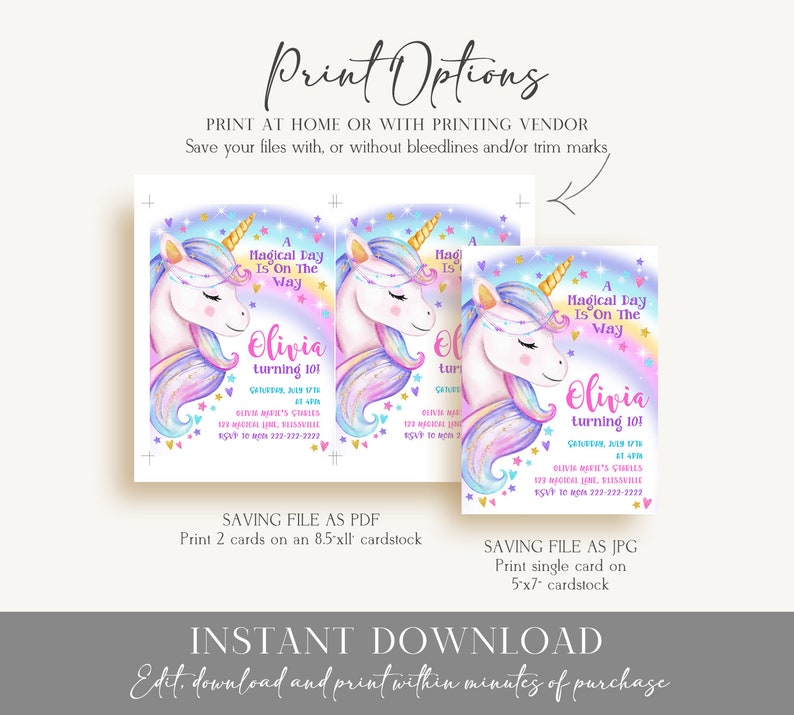 Unicorn Birthday Invitation Rainbow Unicorn Party Gold Glitter Pink Girl Magical Day Invites Digital Editable Printable Download UN1 image 5