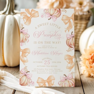 Elegant Fall Pumpkin Baby Shower Invitation For Girl Fall Pumpkins And Bows Coquette Style Editable Template Autumn Baby Shower Canva BP3