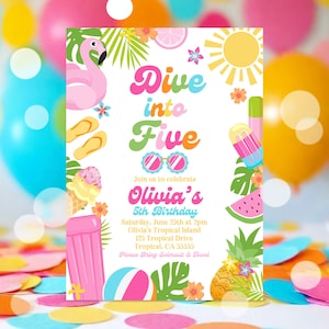 EDITABLE Dive Into Five 5th Birthday Party Invitation Tropical Summer Splish Splash Girly Pool Birthday Party Instant Download P5 image 5