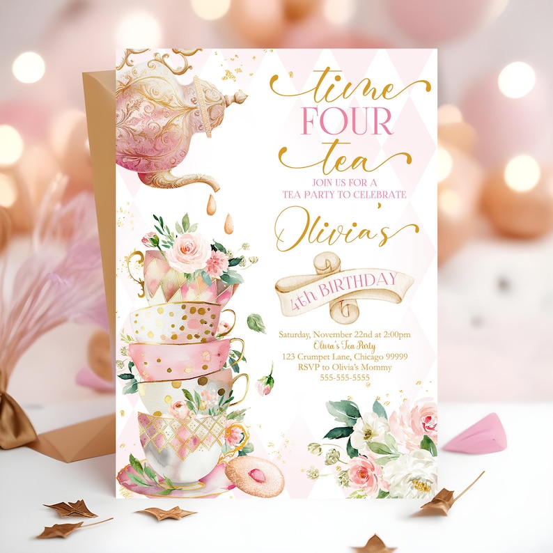 Time Four Tea Invitation Time Four Tea 4th Birthday Party Invitation Editable Tea Party ...