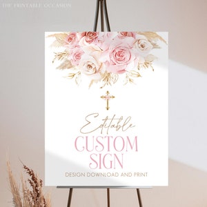 Dusty Pink Baptism Welcome Sign Template Gold Cross Pampas Grass Welcome Sign Printable Blush Pink Boho Baptism Welcome Pink Floral PG1 image 2