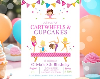 May include: A pink and white birthday invitation with a cartoon image of girls doing cartwheels on a balance beam. The invitation says "Join us for Cartwheels & Cupcakes to celebrate Olivia's 8th Birthday".