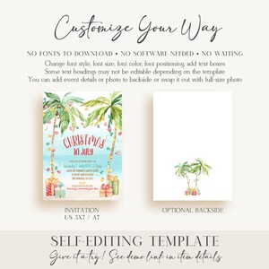 Christmas In July Invitation Tropical Beach Holiday Party Editable Corjl Palm Tree Lights Secret Santa Winter Party Summer Christmas TC1 Bild 2