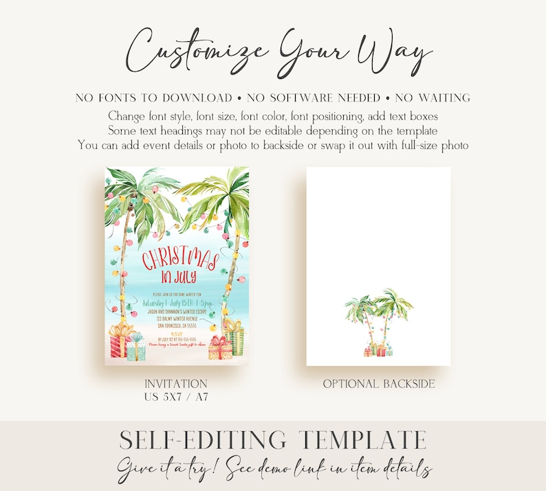 Christmas In July Invitation Tropical Beach Holiday Party Editable Corjl Palm Tree Lights Secret Santa Winter Party Summer Christmas TC1 Bild 2
