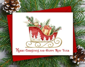 Santa Sleigh Christmas Greeting Card, Santa Sleigh Holiday Card, Printable Sleigh Card, Teacher Gift, Christmas Gift Idea  INSTANT DOWNLOAD