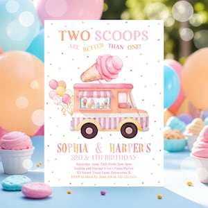 Editable Ice Cream Truck Twin Birthday Invitation Twin Ice Cream Birthday Invitation Two Scoops Are Better Than One Twin Instant Downloa C3A
