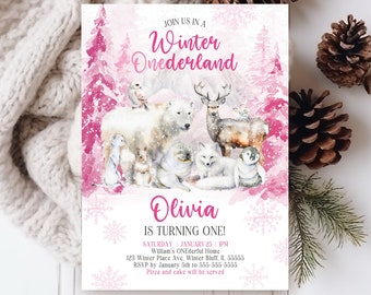 Girl's Arctic Animals Winter ONEderland Birthday Invitation Editable Girl's Arctic Animals Winter ONEderland First Birthday Invite Forest W4