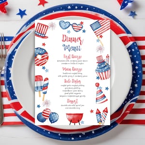 EDITABLE 4th of July Party Menu Card Template Printable Fourth of July Menu Template 4th Of July BBQ Lunch Dinner Party Family Reunion P2 P1
