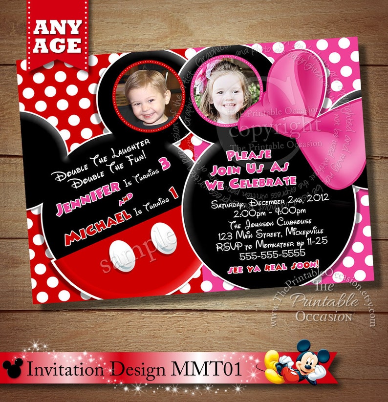 Mickey Mouse Minnie Mouse Invitations For Twins SAME DAY SVC Mickey Mouse Invitation For Twins Siblings Invitaiton
