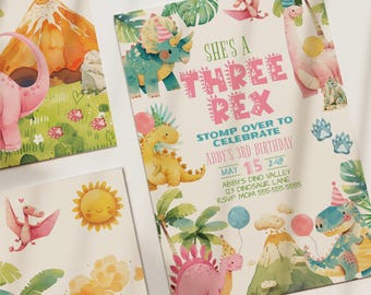 Girl's 3rd Birthday Dinosaur Invitation Template Pink Three Rex Party Invite Printable Dino Invite Editable Invite Cute Dino Template D3