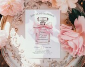 Elegant Perfume Bottle Birthday Invitation for Women Pink Bow 40th Birthday Party Template Editable Modern Chic 40th Birthday Invite MK1