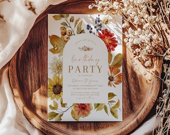 Women's Fall Flower Birthday Party Invitation Sunflower Dahlia Birthday Invite Printable Autumn Floral Editable Digital Template 157