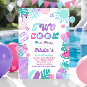 EDITABLE Two Cool Birthday Party Invitation Tropical Splish Splash Summer Girly 2nd Birthday Party Pool Party Birthday Instant Download P6