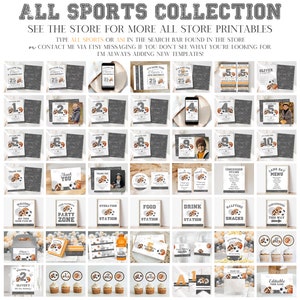 May include: A collection of printable party decorations for a sports-themed birthday party. The decorations include invitations, thank you cards, food and drink signs, cupcake toppers, and more. The decorations feature a grey and orange colour scheme with a basketball and football design.