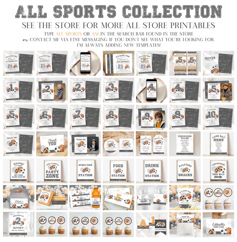 May include: A collection of printable party decorations for a sports-themed birthday party. The decorations include invitations, thank you cards, food and drink signs, cupcake toppers, and more. The decorations feature a grey and orange colour scheme with a basketball and football design.