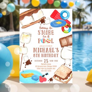 Editable Smores Pool Party Birthday Invitation Boys Summer Swim and Campfire Themed Printable Invite for Kids Backyard Water Party SM3