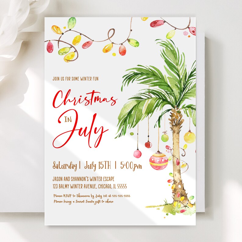 Editable Palm Tree Christmas Invitation Printable Christmas In July Invitation Tropical Christmas Party Invite Palm Tree Holiday Invite