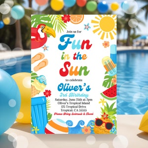 EDITABLE Boy's Fun In The Sun Birthday Party Invitation Tropical Summer Splish Splash Boy's Pool Birthday Party Instant Download P9A