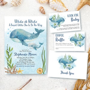 Whale Baby Shower Invitation Bundle, Nautical Shower Invite, Under the Sea Boy Baby Shower, Book Request, Diaper Raffle, Thank You Card W1